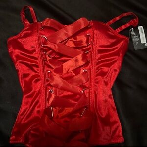 Red Satin Lace-Up Corset Top, Xs nwt
